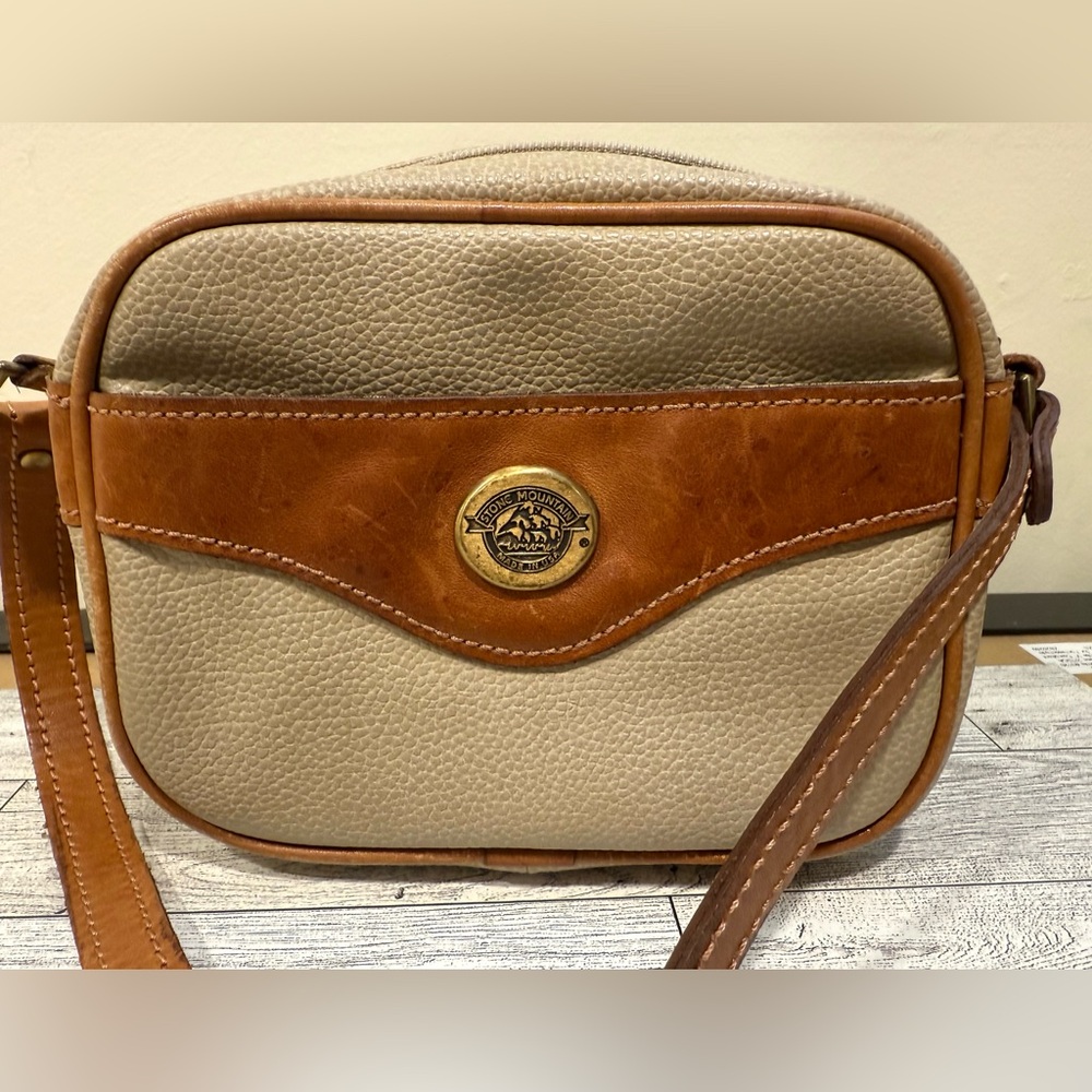 Vintage Leather Trim Beige Crossbody Bag- Stone Mountain